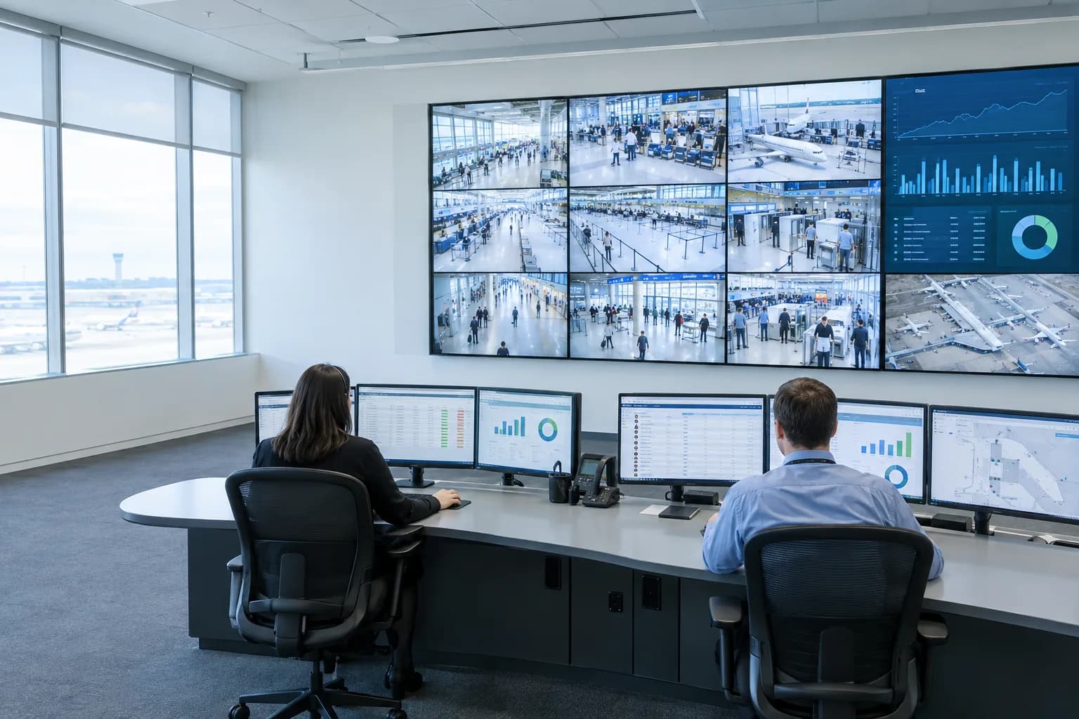 An airport operations room: two operators at a curved console of monitors face a video wall of live terminal, check-in and apron camera views, with the airfield through the window. The approved action, counter 6 opened for the Zone C queue with desk agent 2 assigned, is synced to the staff roster.