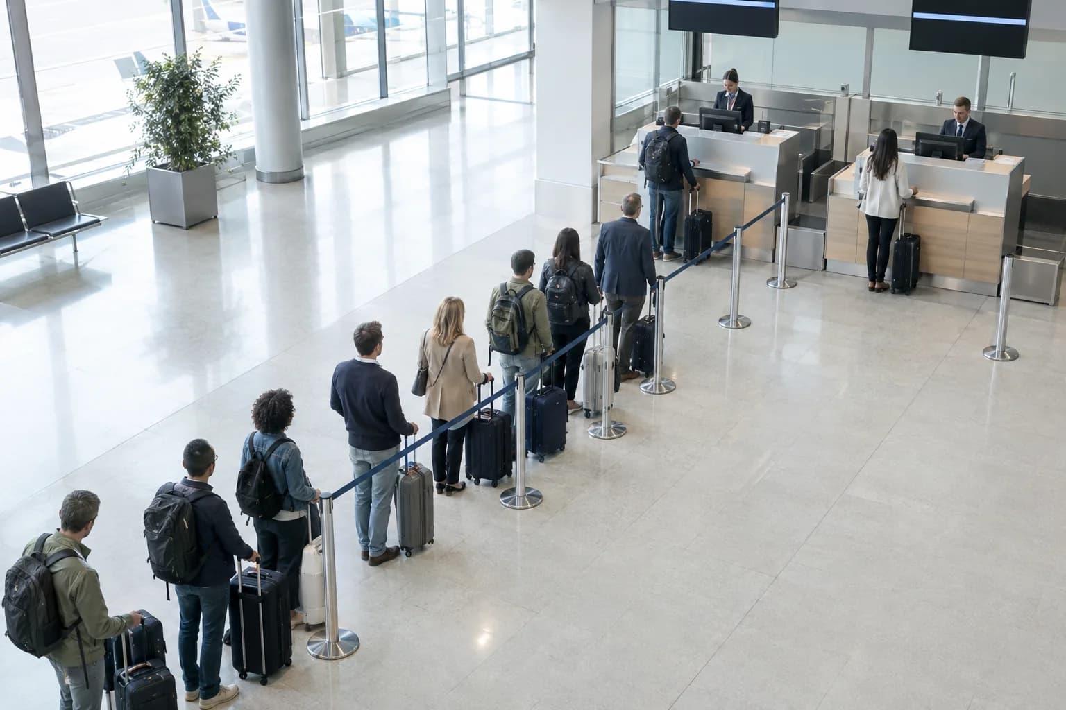 A check-in queue of eight travelers with luggage behind a rope barrier, waiting for two staffed counters that are each serving a traveler. The model counts 8 people in the queue, estimates an 18 minute wait, above target, with 0.96 confidence.