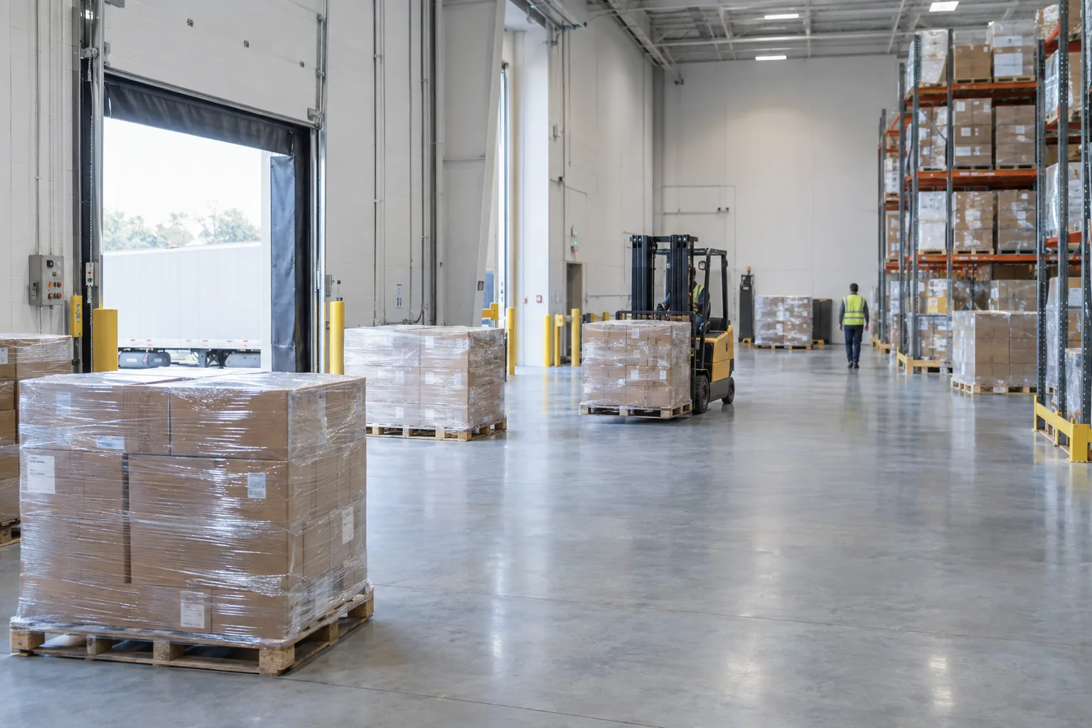 A warehouse receiving dock. The shrink-wrapped pallet in front is checked and shows no damage, and a forklift carrying a pallet is detected.