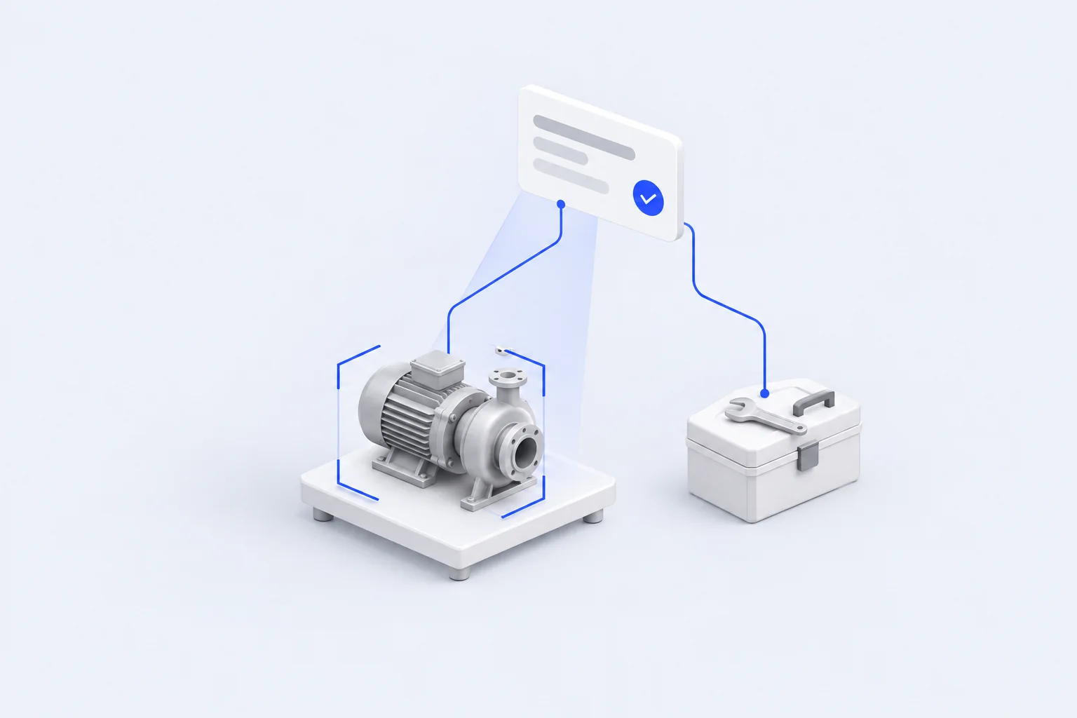 Isometric illustration of a detected pump linked to an approved work order card and a toolbox.