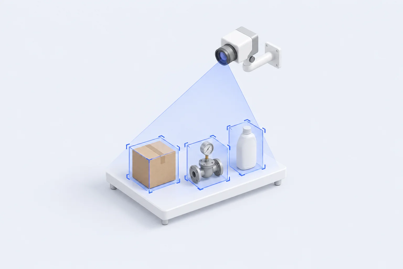 Isometric illustration of a camera scanning a parcel, a valve and a bottle, each framed by a detection box.